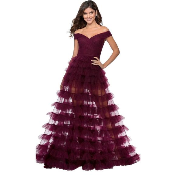 LA FEMME PROM 28804 Ruffled Formal Dress in Dark Berry NWT Size 4 - Picture 1 of 10